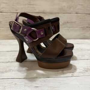 Marni Brown Leather Purple Statement Structural  Chunky Shoes Sandals Size 6
